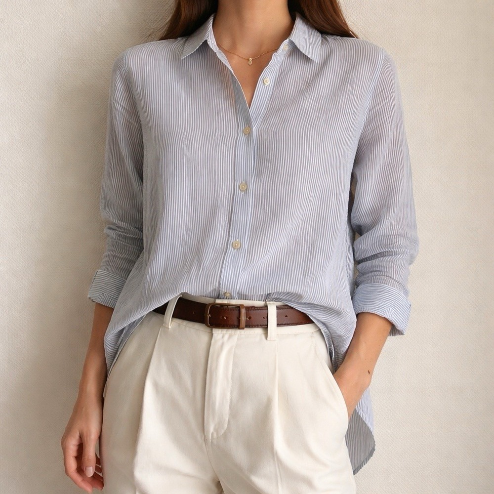 Eileen Fisher Striped Organic Cotton Lyocell Button Shirt M Oversized Minimalist